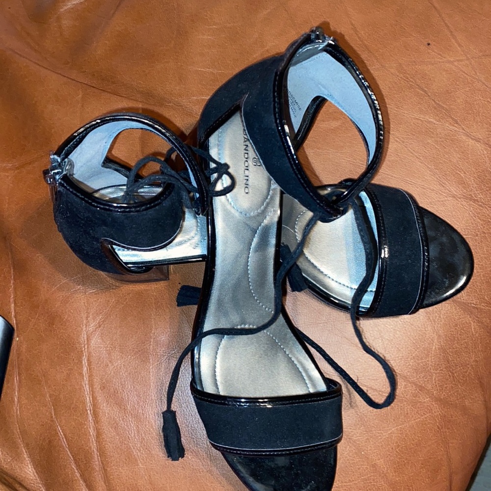 Bandolino “Brandi” Black Suede Ankle Strap Block Heels